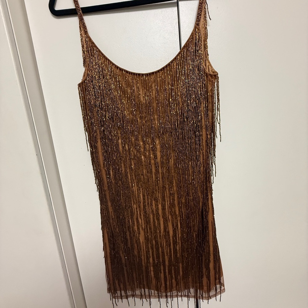 NWOT Mac Duggal 5934 Copper Brown Embellished Beaded Fringe Dress Size 12 - Picture 8 of 11